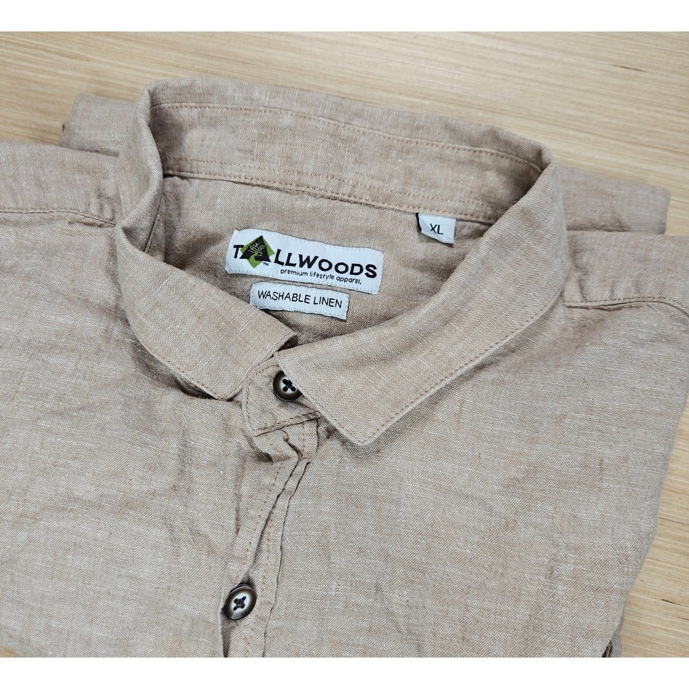 Tallwoods Button Down Shirt Men XL Tan Washable Linen Blend Short Sleeve Casual